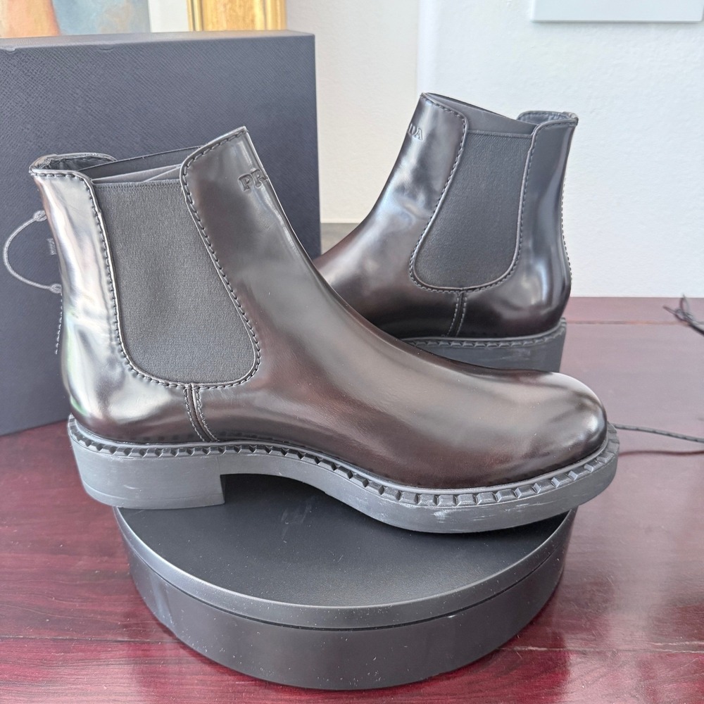 Prada 2TE168 Spazzolato Leather Chelsea Ankle Boots Mens Brown Lug Sole UK8.5 - Picture 12 of 14